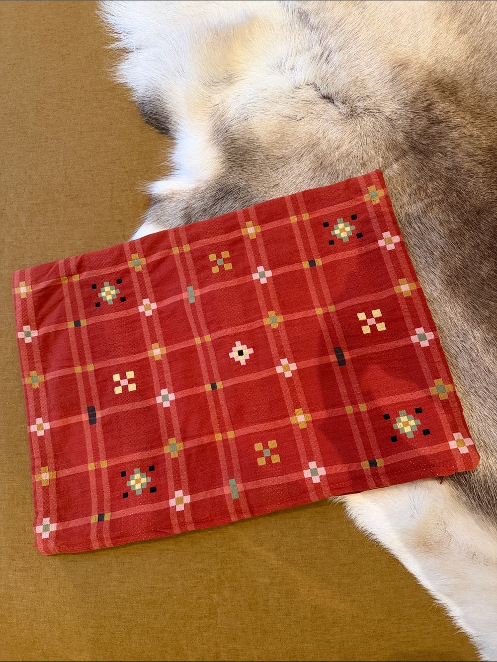 IKEA Red Plaid Accent Pillow Cover with Geometric Motifs